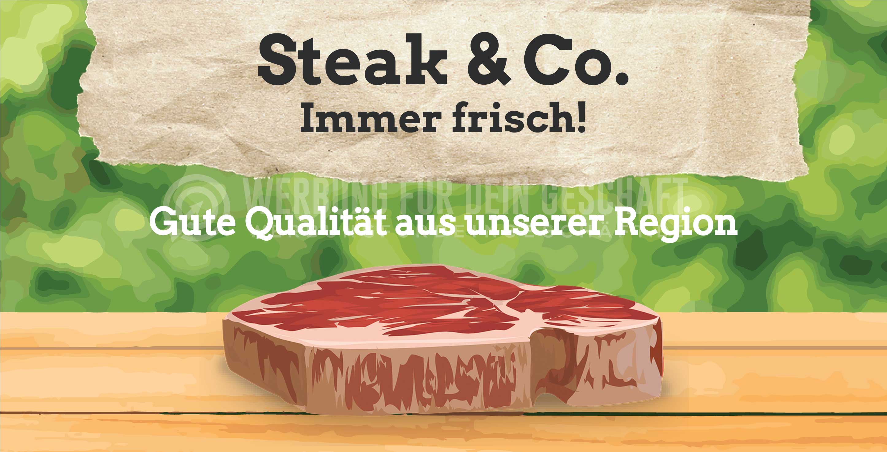 2:1 | Steak und Co. Immer frisch Poster | Werbetafel für Fleischerei | 2 zu 1 Format