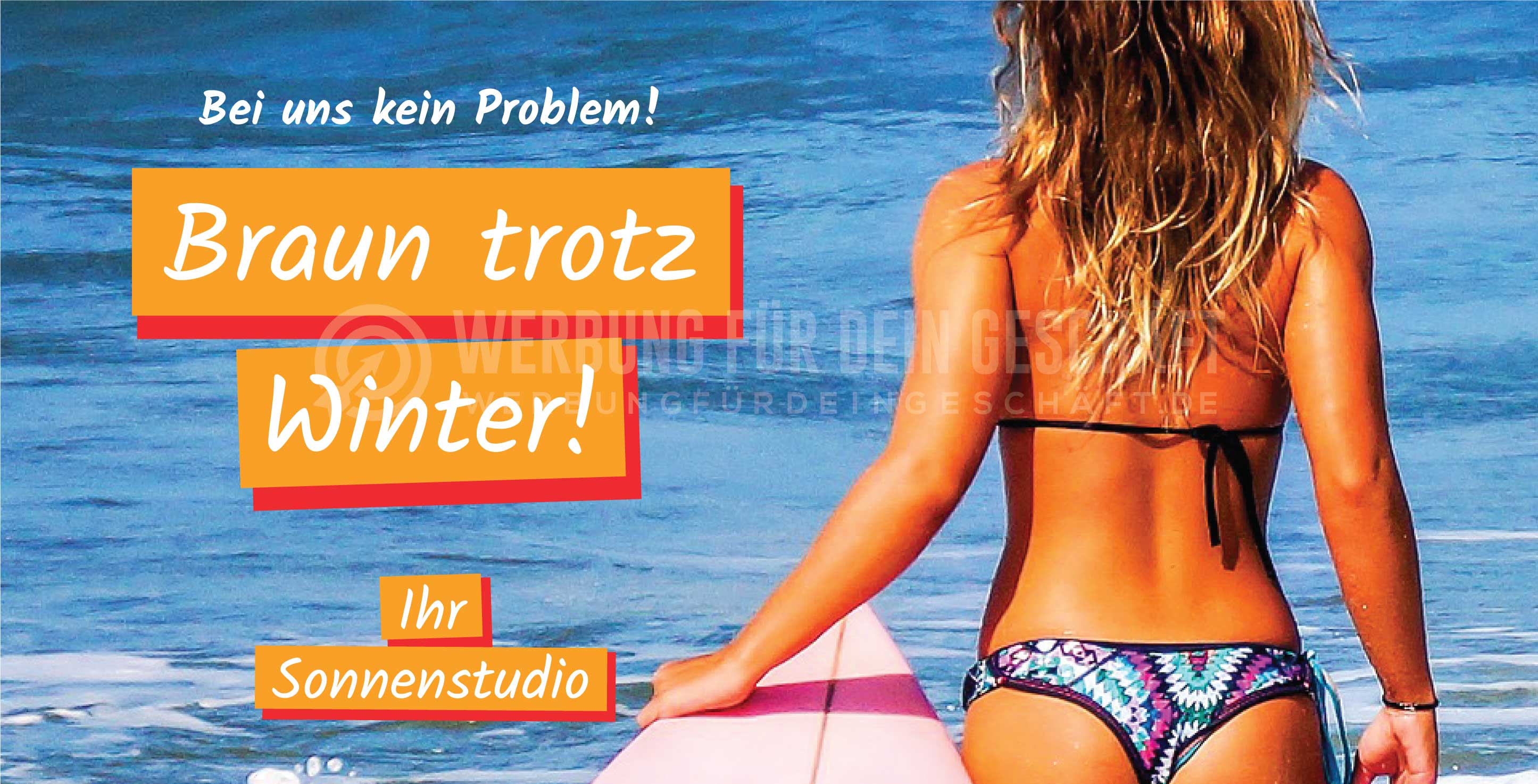 2:1 | Braun trotz Winter Plakat | Werbebanner für Ihr Sonnenstudio | 2 zu 1 Format